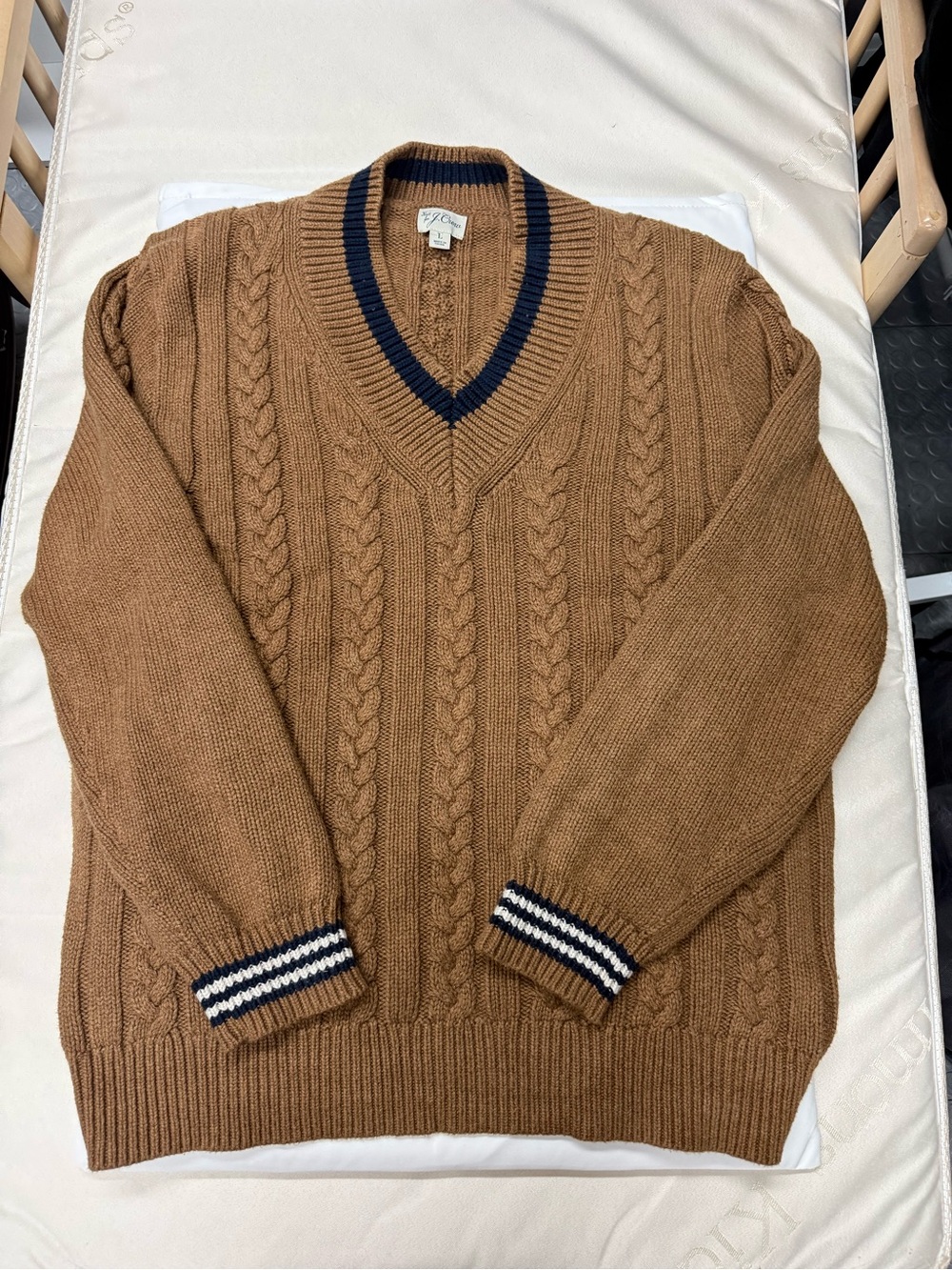 J.Crew Re-Imagined Heritage Cotton Cable Knit Cricket Sweater Camel Sz L